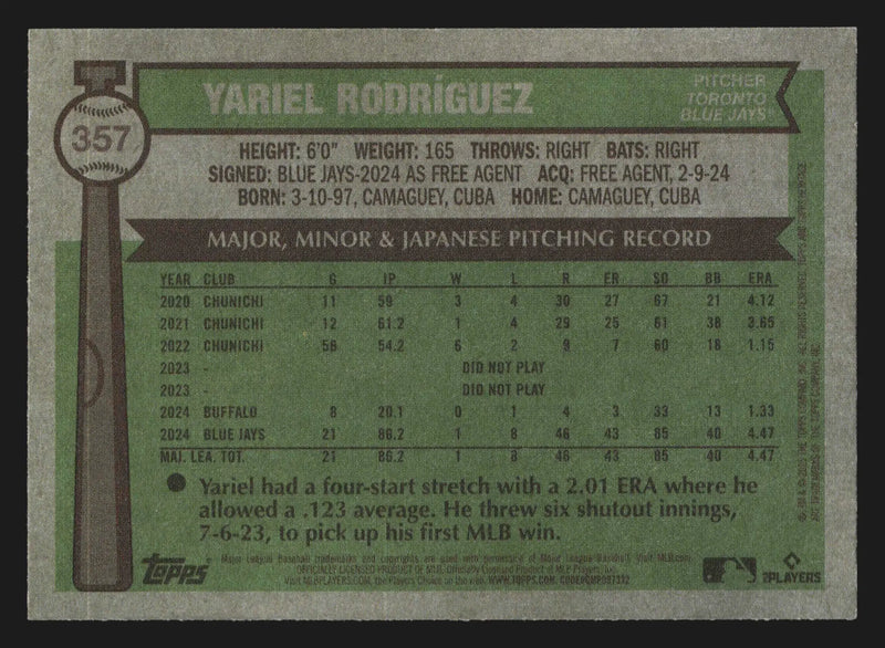 2025 Topps Heritage #357 Yariel Rodriguez Toronto Blue Jays