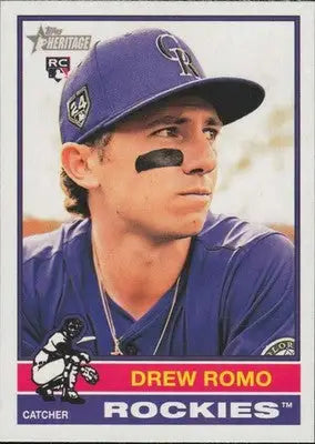 Original gloss Topps Heritage Drew Romo baseball card from 2025 RC Rookie series