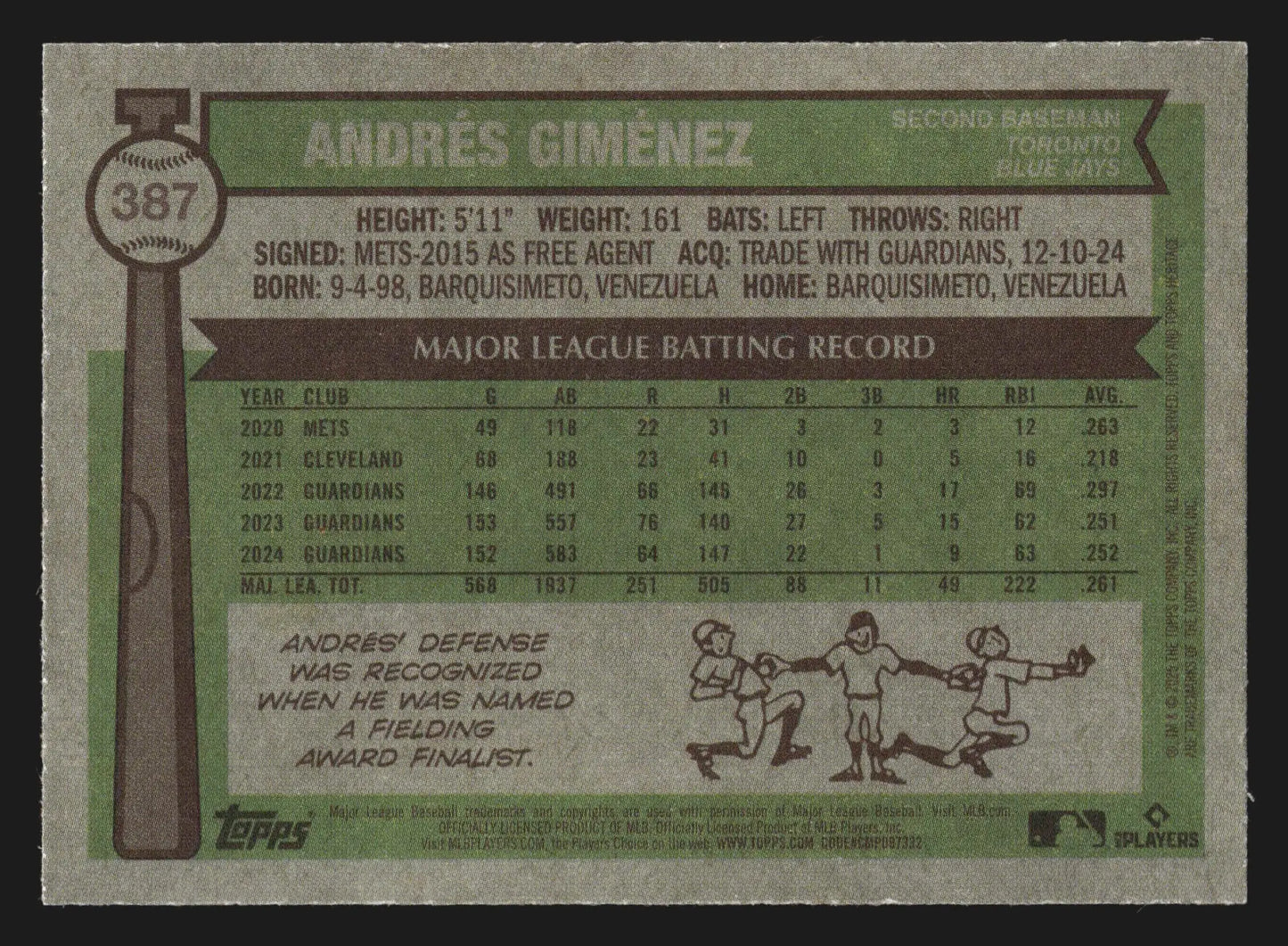 2025 Topps Heritage #387 Andres Gimenez Toronto Blue Jays
