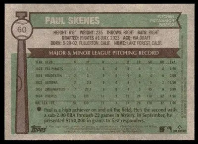 Baseball card back with original gloss from 2025 Topps Heritage featuring Paul Skenes