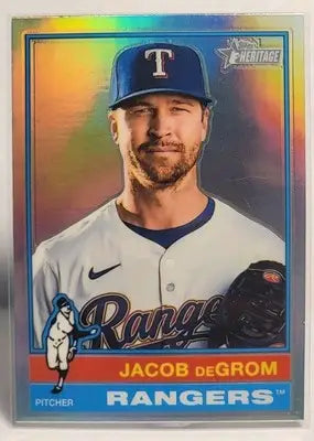 Baseball trading card featuring Jacob DeGrom of the Texas Rangers from Topps Heritage Base Chrome