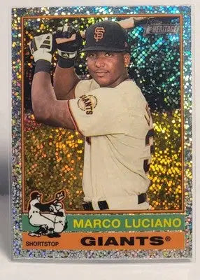 2025 Topps Heritage Silver Sparkle Marco Luciano baseball trading card in batting stance