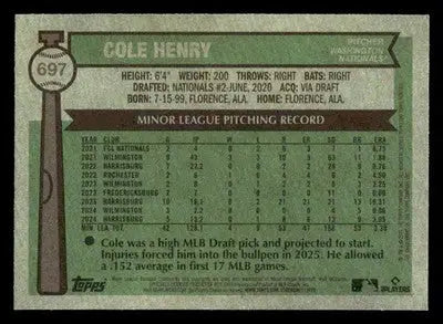 2025 Topps Heritage Cole Henry #697 RC Washington Nationals - Baseball Card Single