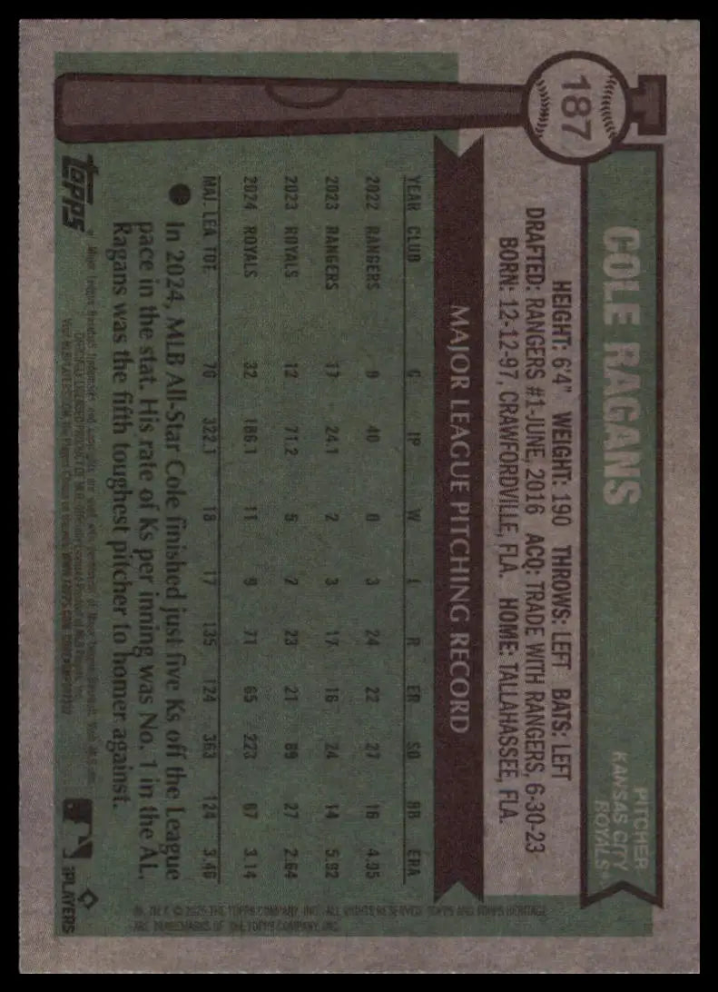 2025 Topps Heritage Cole Ragans 187 Kansas City Royals NM - Baseball Card Single