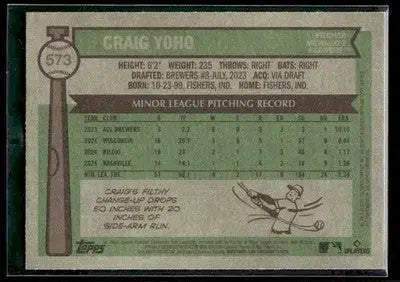 2025 Topps Heritage Craig Yoho #573 RC Milwaukee Brewers