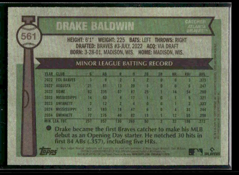 2025 Topps Heritage Drake Baldwin #561 RC Atlanta Braves