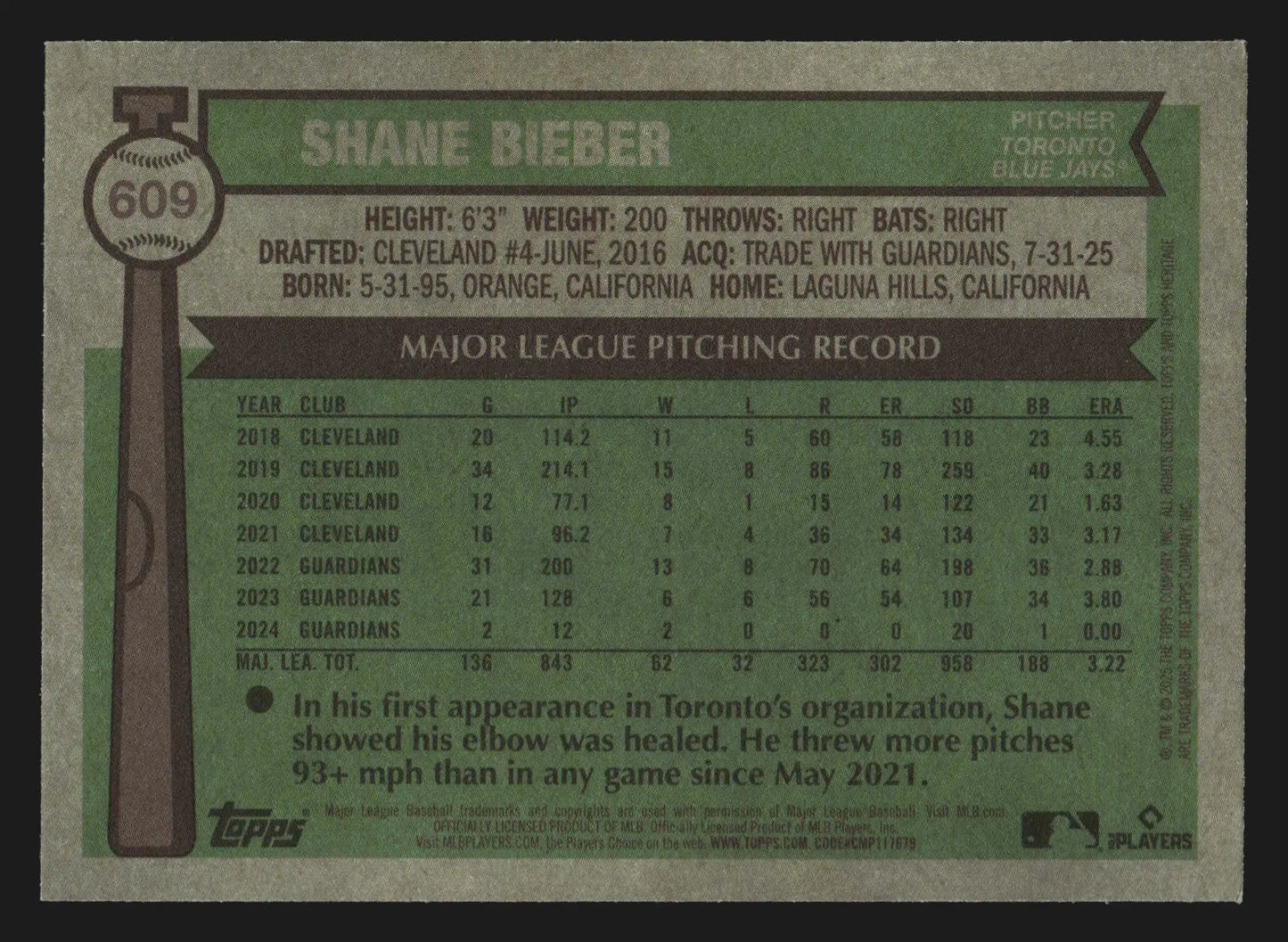 2025 Topps Heritage High Number #609 Shane Bieber Toronto Blue Jays