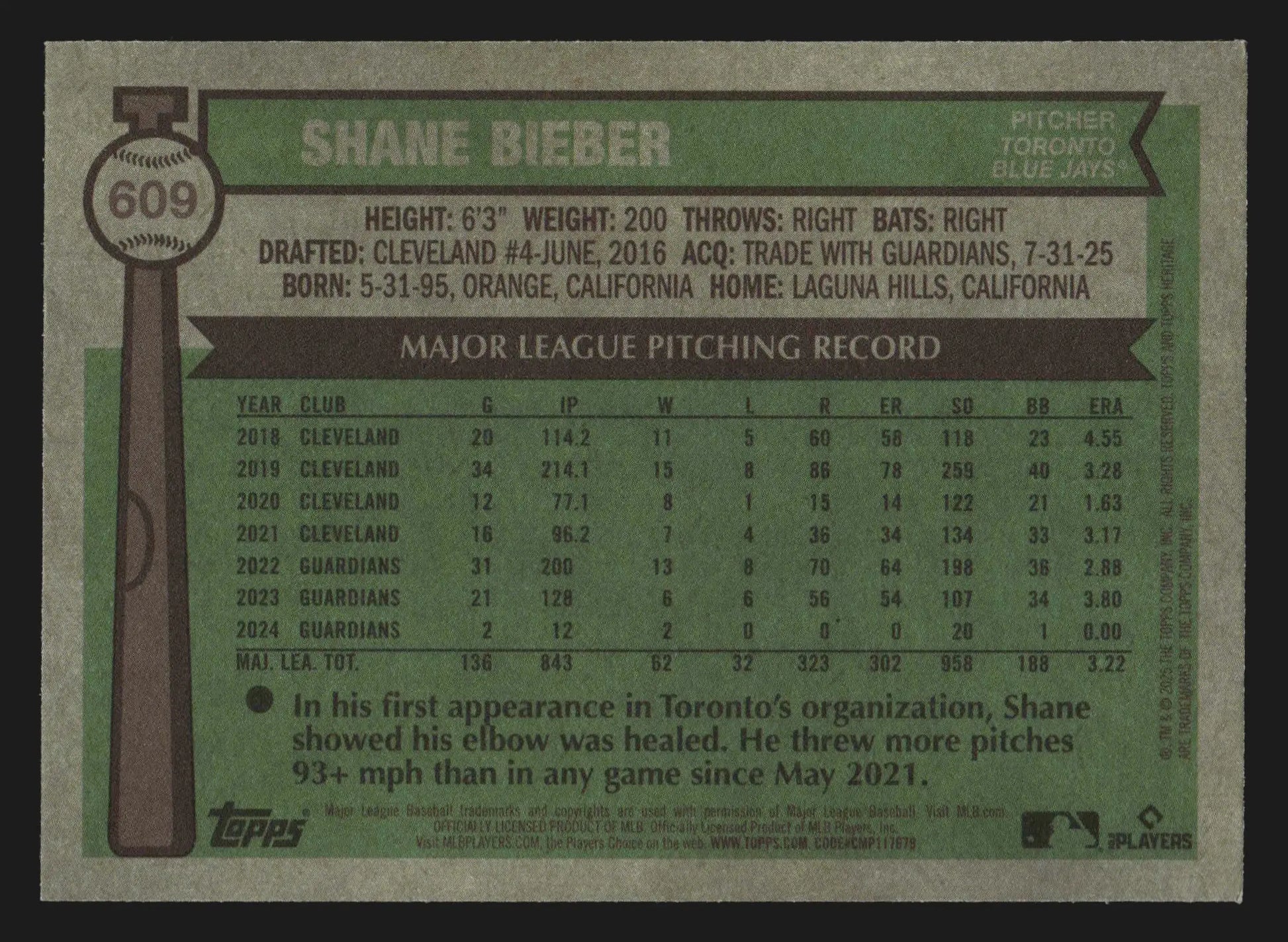 2025 Topps Heritage High Number #609 Shane Bieber Toronto Blue Jays