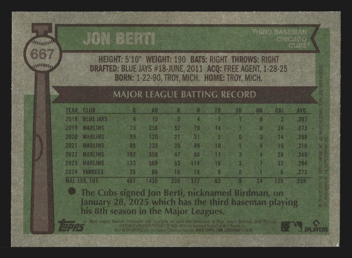 2025 Topps Heritage High Number #667 Jon Berti Chicago Cubs - Baseball Card Single