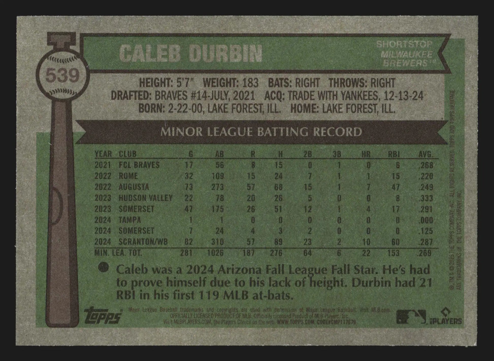2025 Topps Heritage High Number Caleb Durbin #539 Brewers RC - Baseball Card Single
