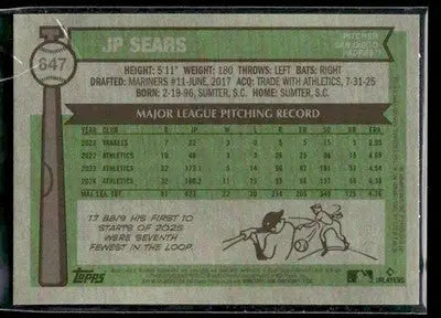 2025 Topps Heritage JP Sears #647 Light Blue Sparkle Refr San Diego Padres