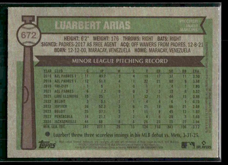 2025 Topps Heritage Luarbert Arias #672 RC Miami Marlins