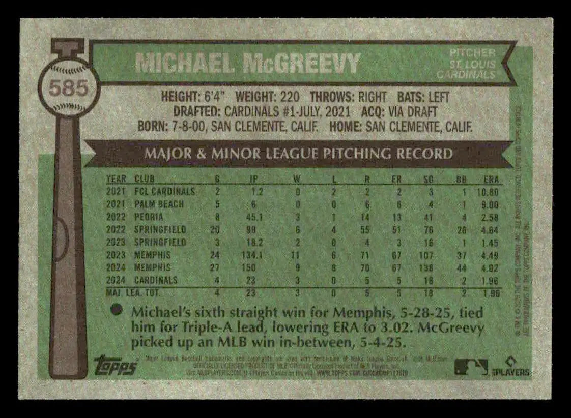 2025 Topps Heritage Michael McGreevy #585 RC St. Louis Cardinals