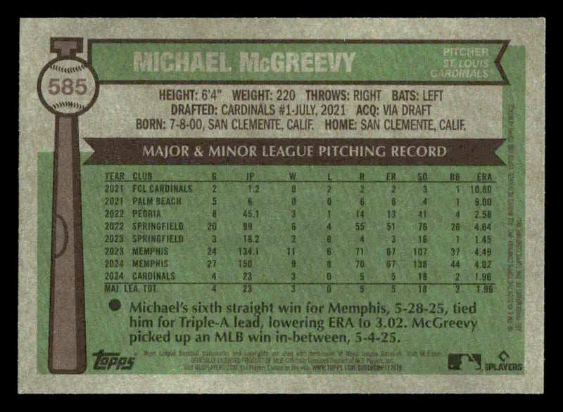 2025 Topps Heritage Michael McGreevy #585 RC St. Louis Cardinals