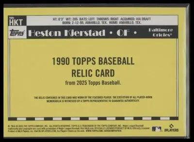 2025 Topps Heston Kjerstad #T90R-HKT 90 Topps Baseball 35th Anniv Relics Orioles - Baseball Card Single