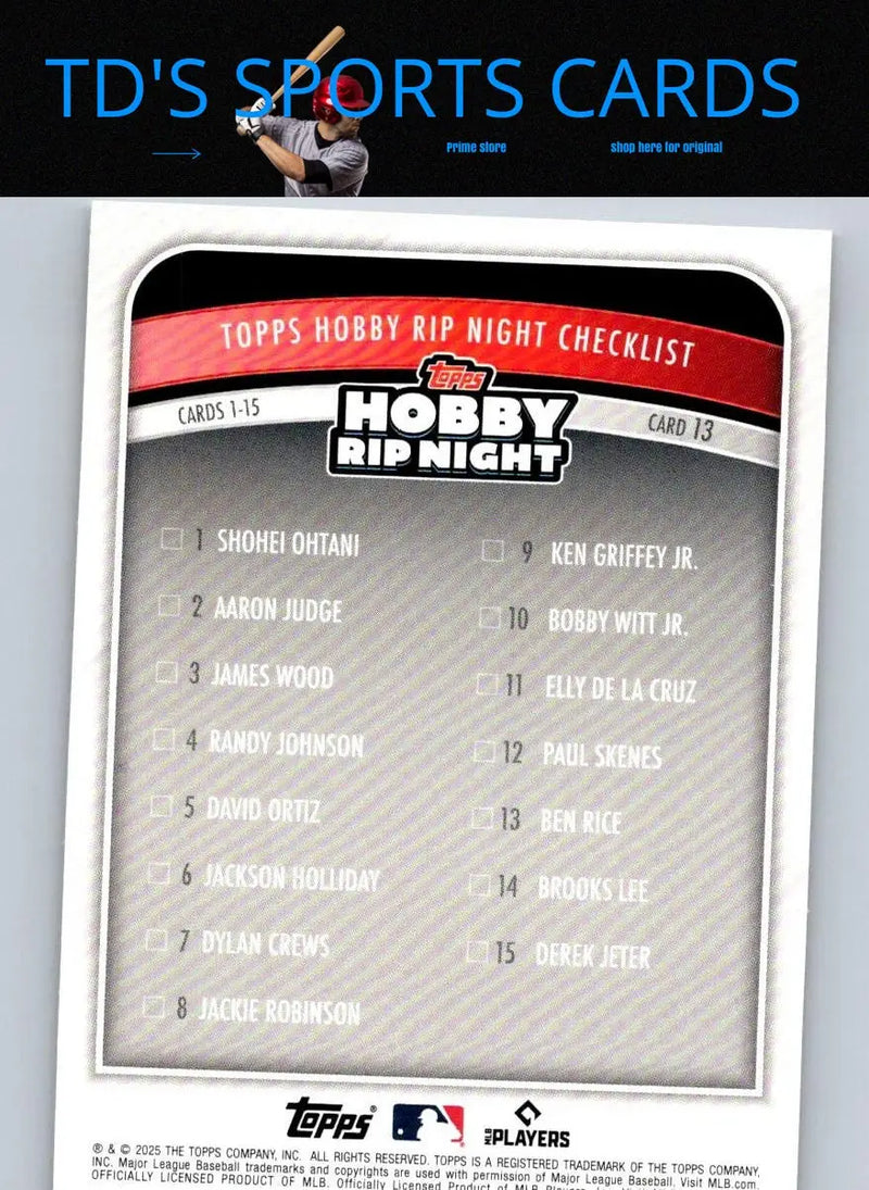 2025 Topps Hobby Rip Night checklist card featuring Ben Rice from Hobby Rip Night