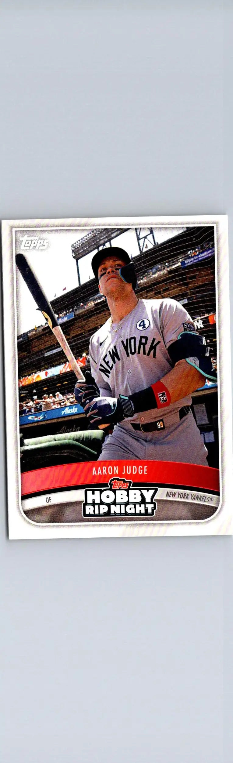Aaron Judge baseball card from 2025 Topps Hobby Rip Night product display
