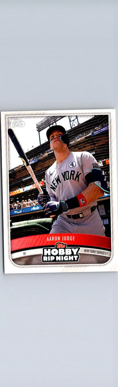 Aaron Judge baseball card from 2025 Topps Hobby Rip Night product display
