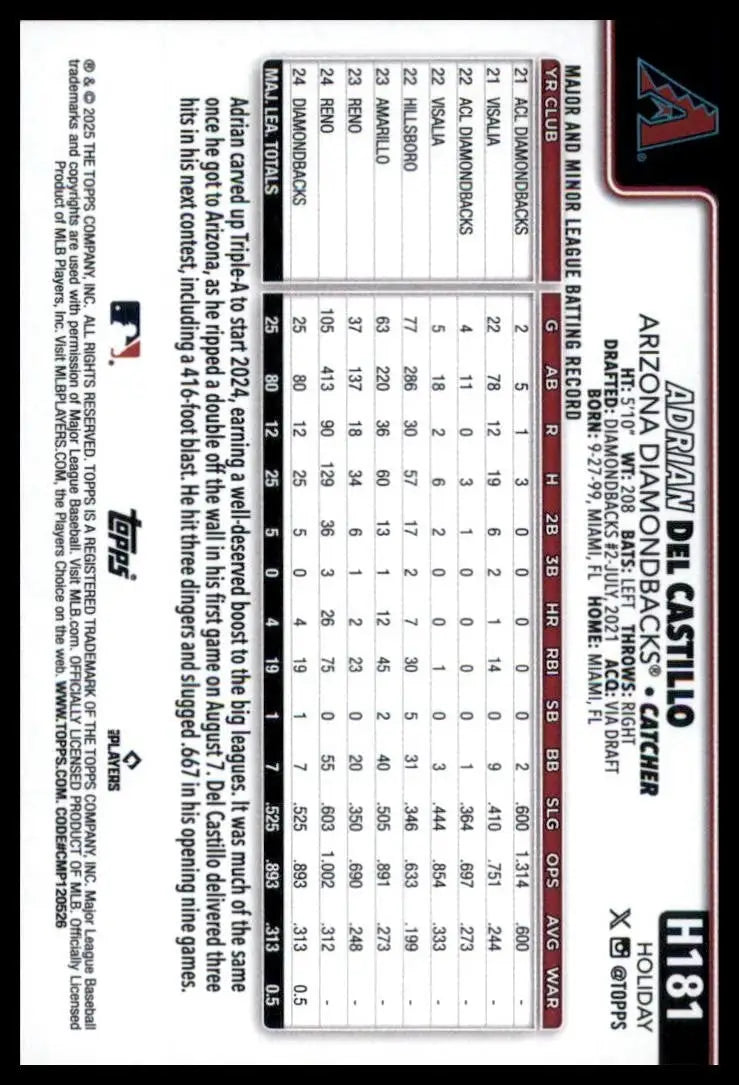 2025 Topps Holiday Adrian Del Castillo Rookie #H181 Arizona Diamondbacks Card - Baseball Card Single