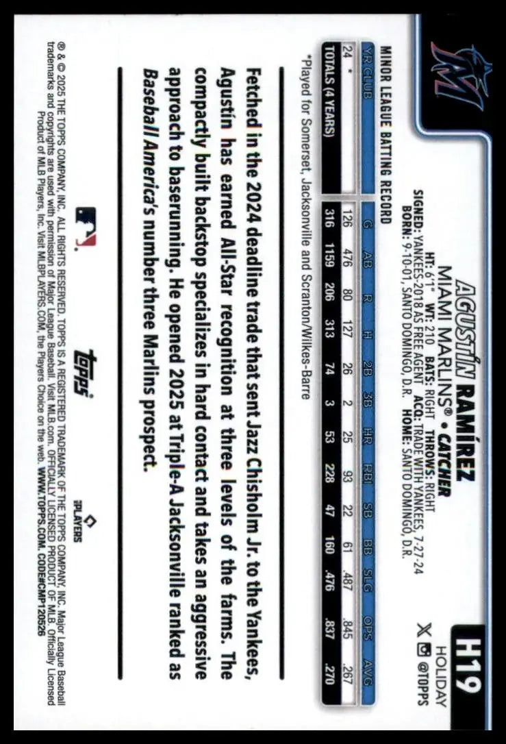 2025 Topps Holiday Agustin Ramirez Rookie #H19 Miami Marlins Baseball Card MLB - Trading Cards