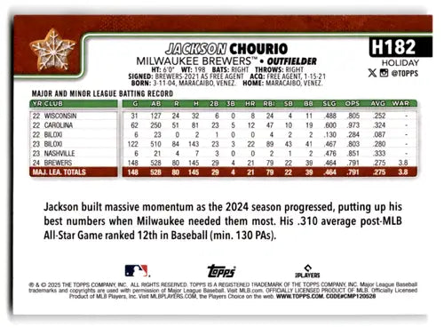 2025 Topps Holiday Backs Variation SP #H182 Jackson Chourio NM-MT Brewe ID:79957 - Baseball Card Single