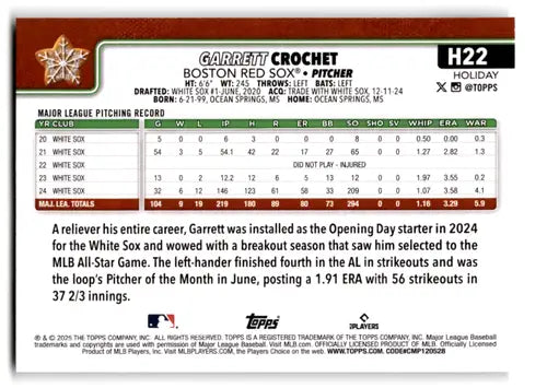 2025 Topps Holiday Backs Variation SP #H22 Garrett Crochet NM-MT Red So ID:79955 - Baseball Card Single