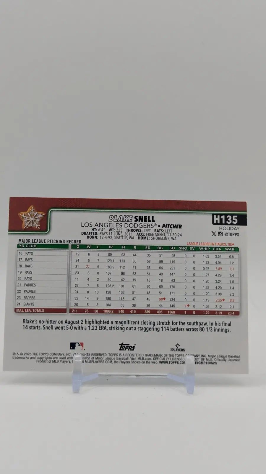 2025 Topps Holiday Baseball Blake Snell H135 Holiday Back Variation SP - Baseball Card Single