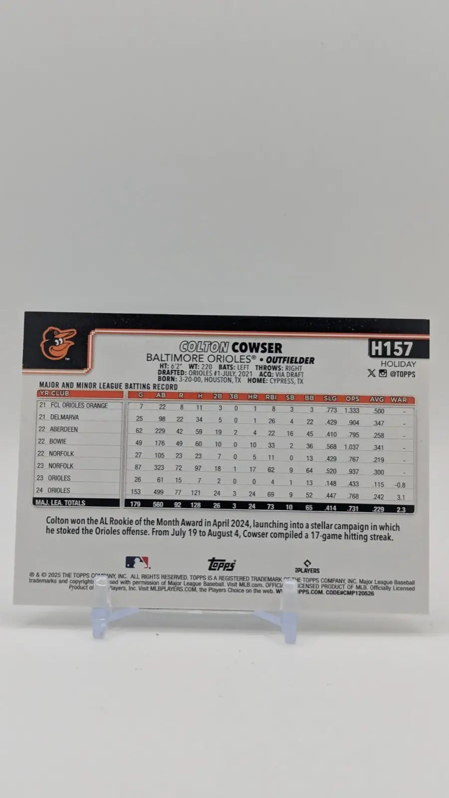 2025 Topps Holiday Baseball Colton Cowser H157 Silver Glitter - Baseball Card Single