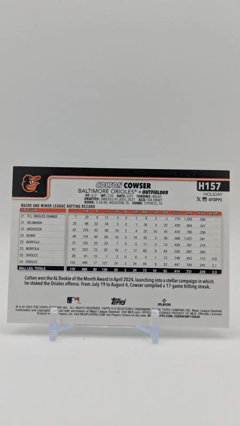 2025 Topps Holiday Baseball Colton Cowser H157 Silver Glitter - Baseball Card Single