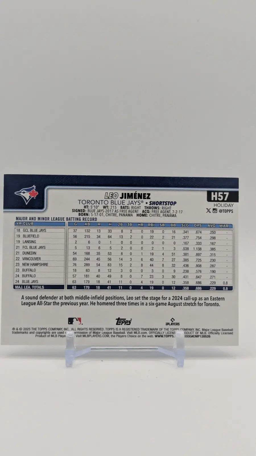 2025 Topps Holiday Baseball Leo Jiminez H57 Blue Glitter - Baseball Card Single