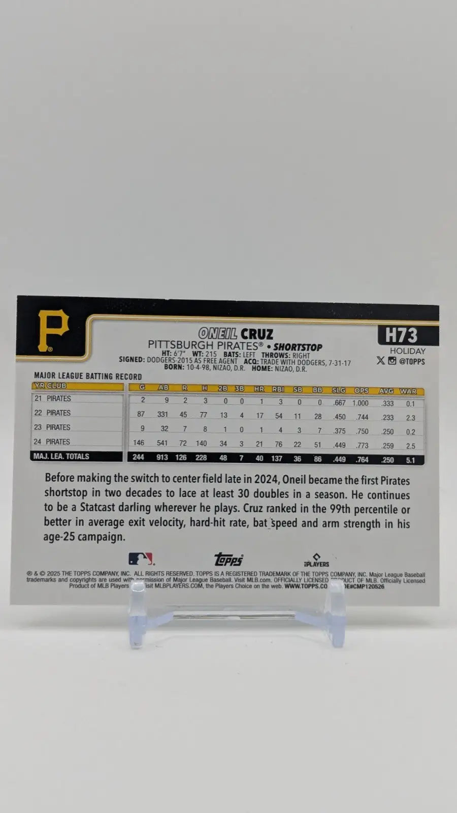 2025 Topps Holiday Baseball Oneil Cruz H73 Silver Glitter Holiday - Baseball Card Single