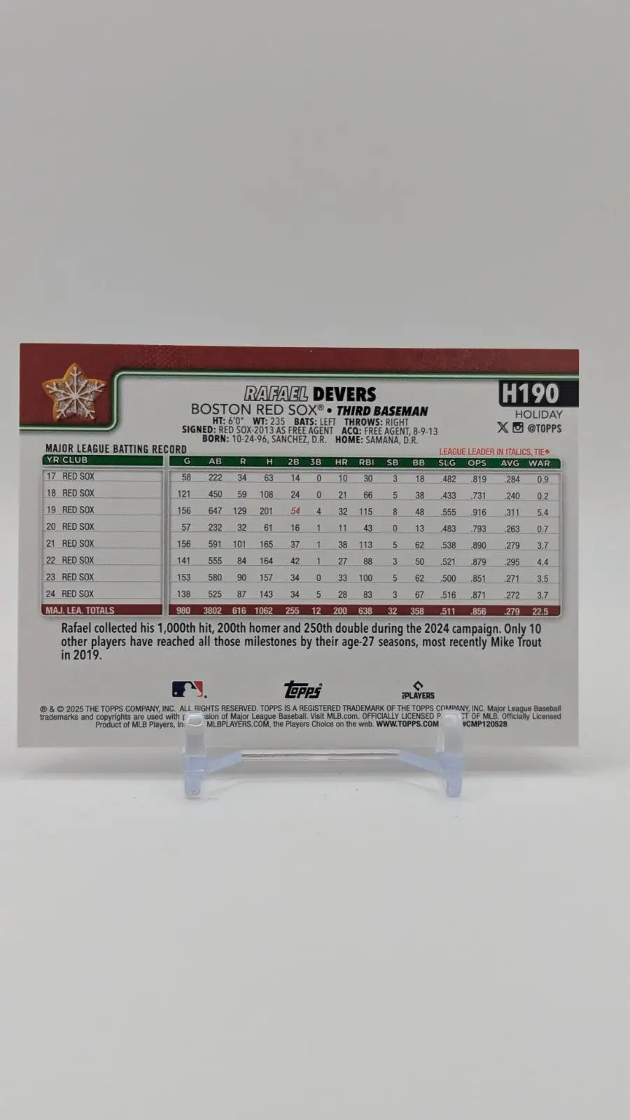 2025 Topps Holiday Baseball Rafael Devers H190 Holiday Back SP - Baseball Card Single