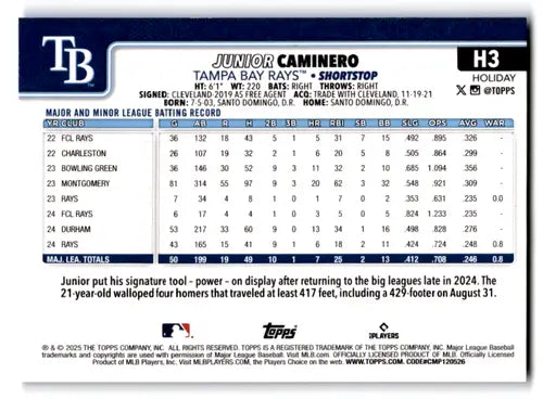 2025 Topps Holiday Blue Metallic Glitter Holiday #H3 Junior Caminero NM ID:80542 - Baseball Card Single