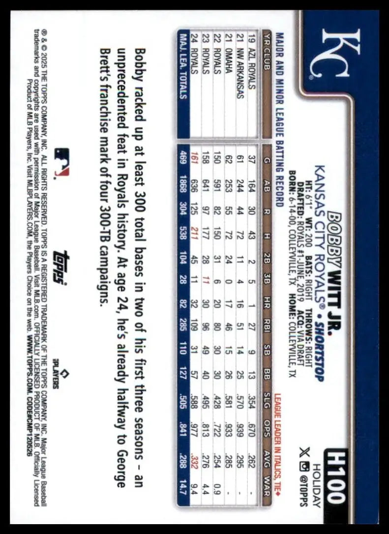 2025 Topps Holiday Bobby Witt Jr #H100 Kansas City Royals Baseball Card MLB - Baseball Card Single