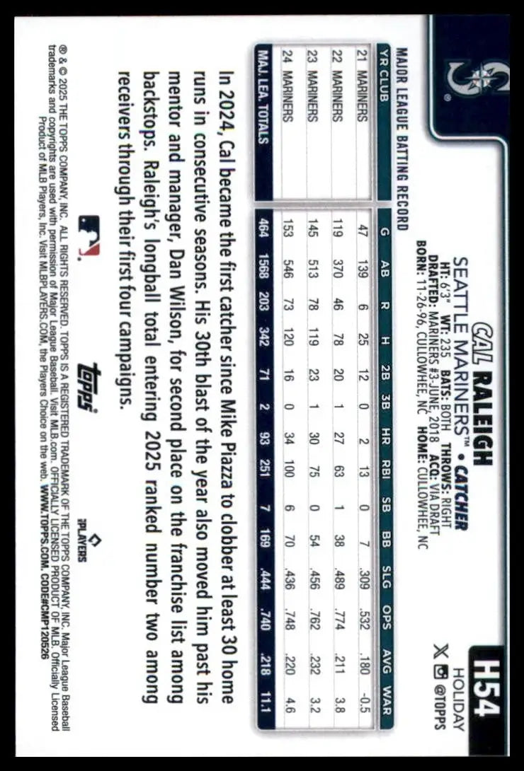 2025 Topps Holiday Cal Raleigh #H54 Seattle Mariners Baseball Card MLB Sports - Baseball Card