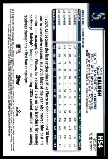 2025 Topps Holiday Cal Raleigh #H54 Seattle Mariners Baseball Card MLB Sports - Baseball Card