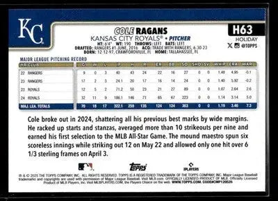 2025 Topps Holiday Cole Ragans #HC63 Kansas City Royals