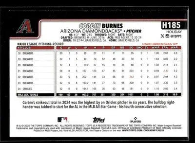 2025 Topps Holiday Corbin Burnes #H185 Arizona Diamondbacks