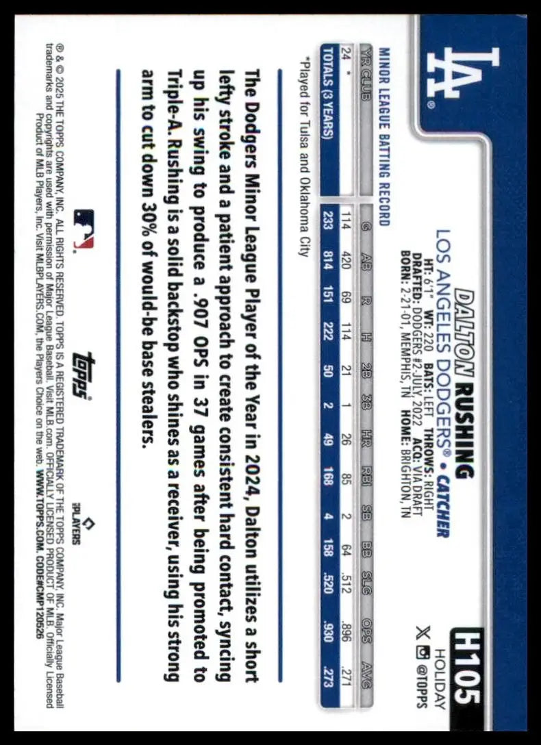 2025 Topps Holiday Dalton Rushing Rookie #H105 Los Angeles Dodgers Baseball Card - Baseball Card Single