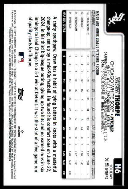 2025 Topps Holiday Drew Thorpe Rookie #H6 Chicago White Sox Baseball MLB Card