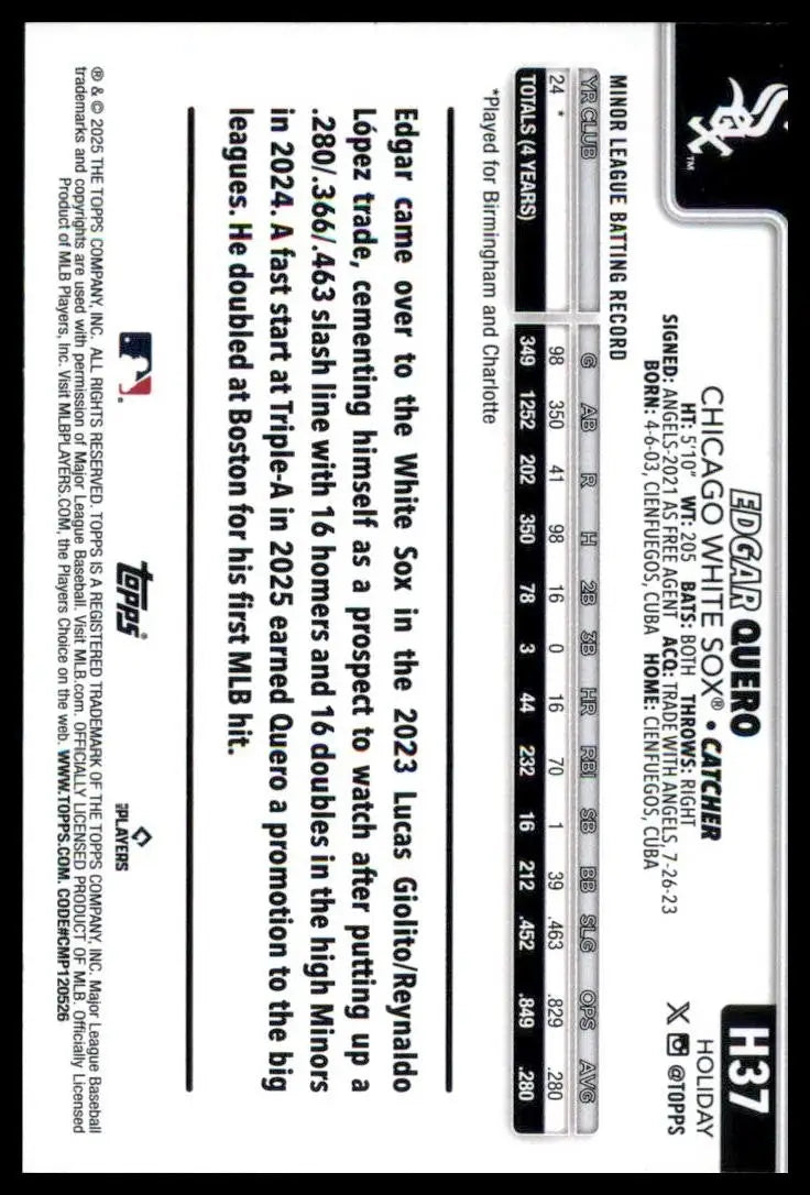 2025 Topps Holiday Edgar Quero Rookie #H37 Chicago White Sox Baseball Card MLB - Baseball Card Single