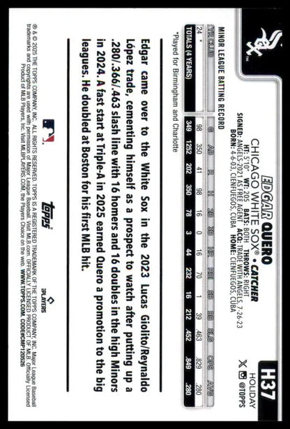 2025 Topps Holiday Edgar Quero Rookie #H37 Chicago White Sox Baseball Card MLB - Baseball Card