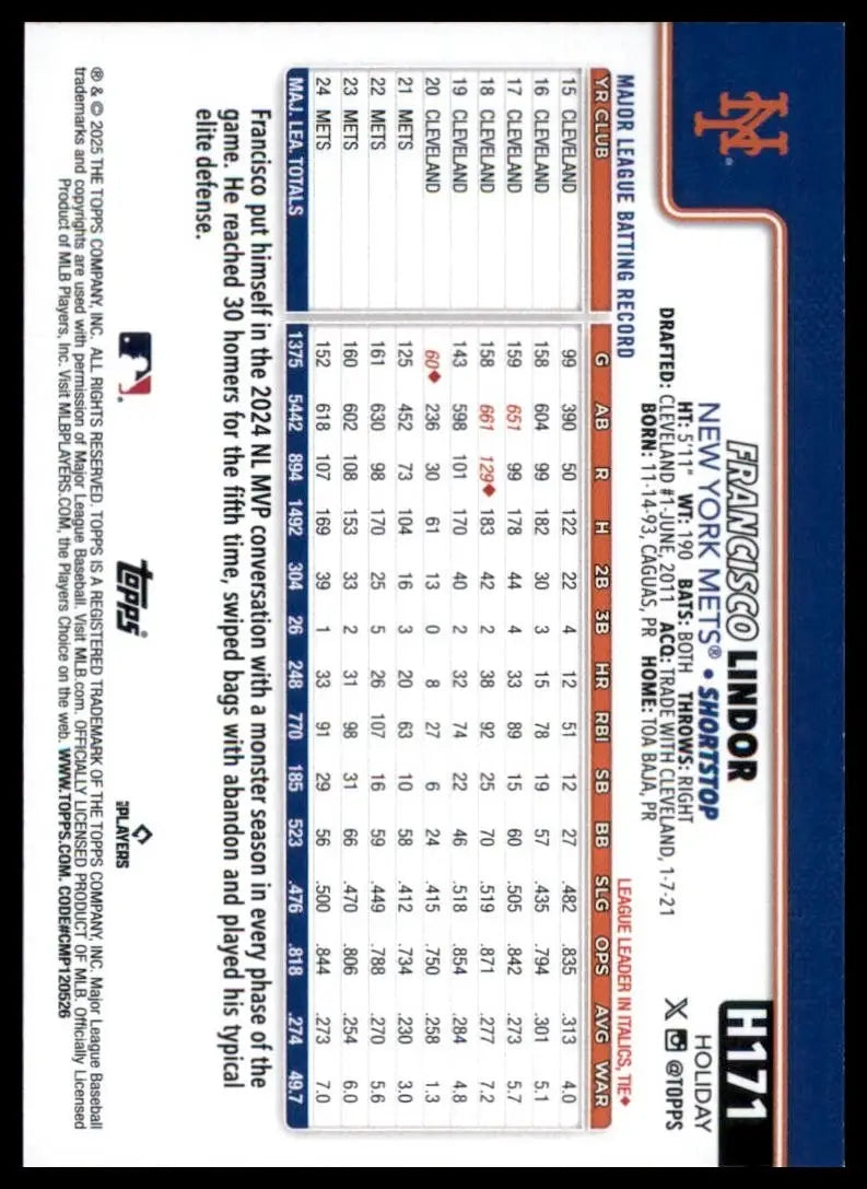 2025 Topps Holiday Francisco Lindor #H171 New York Mets Baseball Card MLB Sports - Baseball Card Single
