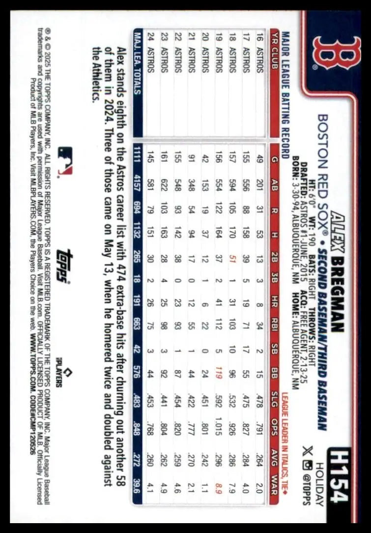 2025 Topps Holiday Glitter Alex Bregman #H154 Boston Red Sox Baseball Card MLB - Baseball Card