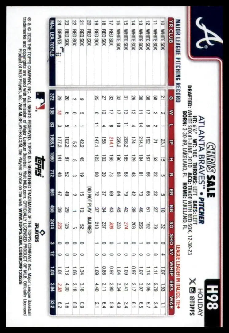 2025 Topps Holiday Glitter Chris Sale #H98 Atlanta Braves Baseball Card MLB - Baseball Card Single