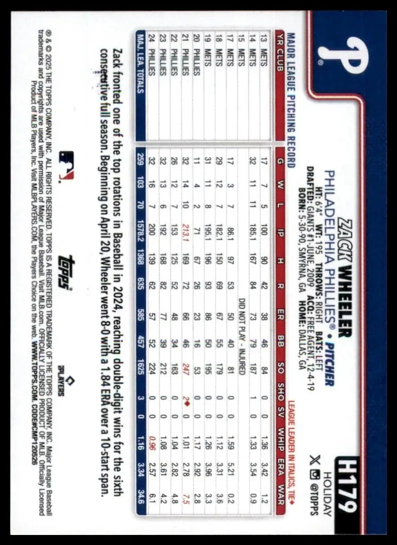 2025 Topps Holiday Glitter Zack Wheeler #H179 Philadephia Phillies Baseball Card - Baseball Card Single