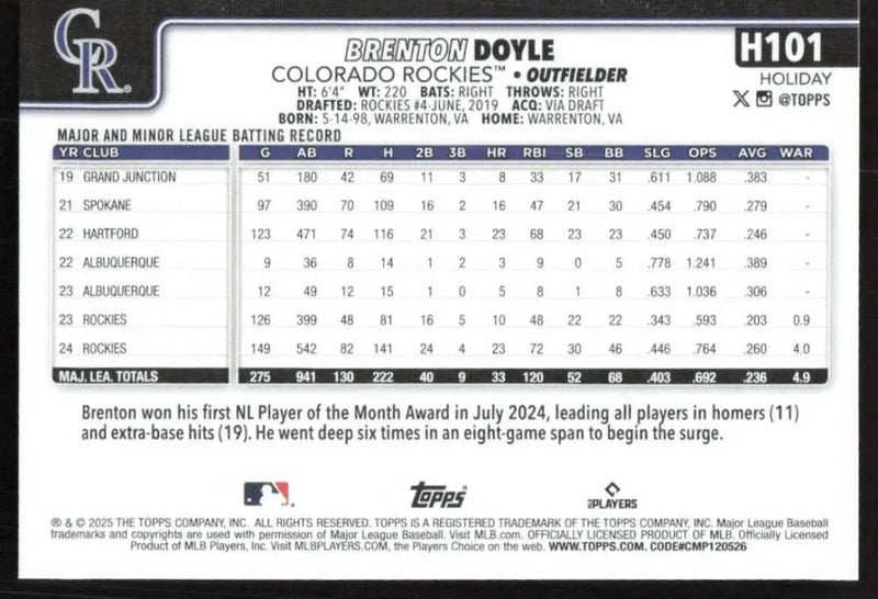 2025 Topps Holiday #H101 Brenton Doyle NM-MT Colorado Rockies Baseball Card