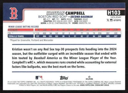 2025 Topps Holiday #H103 Kristian Campbell NM-MT RC Rookie Red Sox ID:80576 - Baseball Card Single