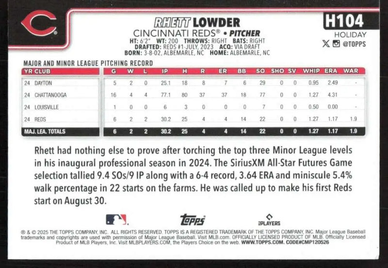 2025 Topps Holiday #H104 Rhett Lowder NM-MT RC Rookie Cincinnati Reds Baseball Card - Baseball Card Single