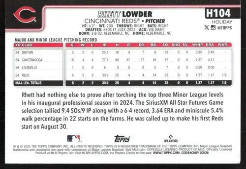 2025 Topps Holiday #H104 Rhett Lowder NM-MT RC Rookie Reds ID:79917 - Baseball Card Single